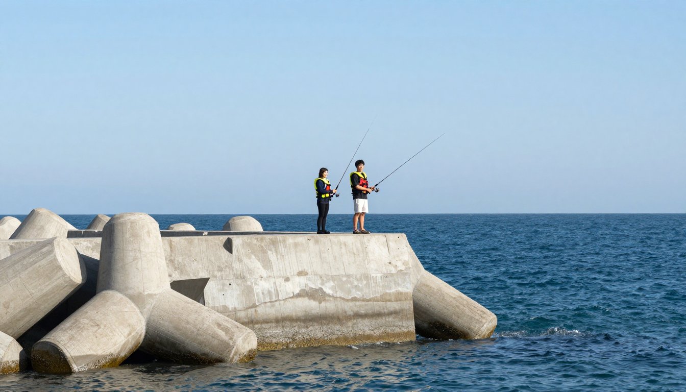 外海に面した堤防の先端でウキ釣りを楽しむ若者たち