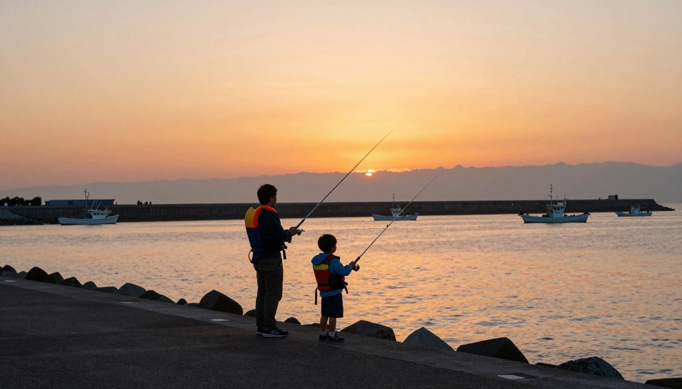秋の夕方、漁港の堤防でエギングを楽しむ家族