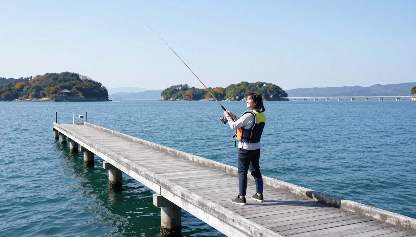 瀬戸内の島の釣り桟橋でエギを投げる若い女性