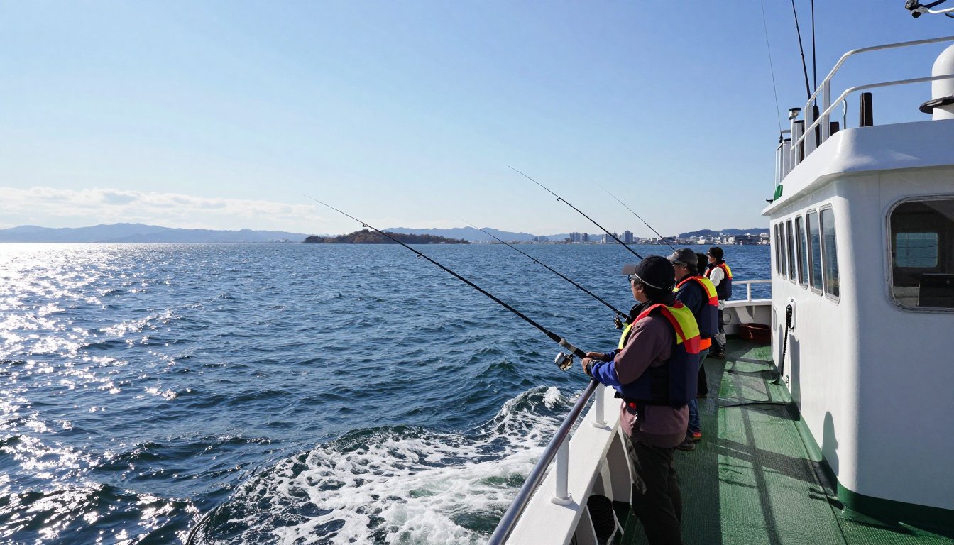 秋晴れの東京湾でカワハギ船に乗って釣りを楽しむ人たち