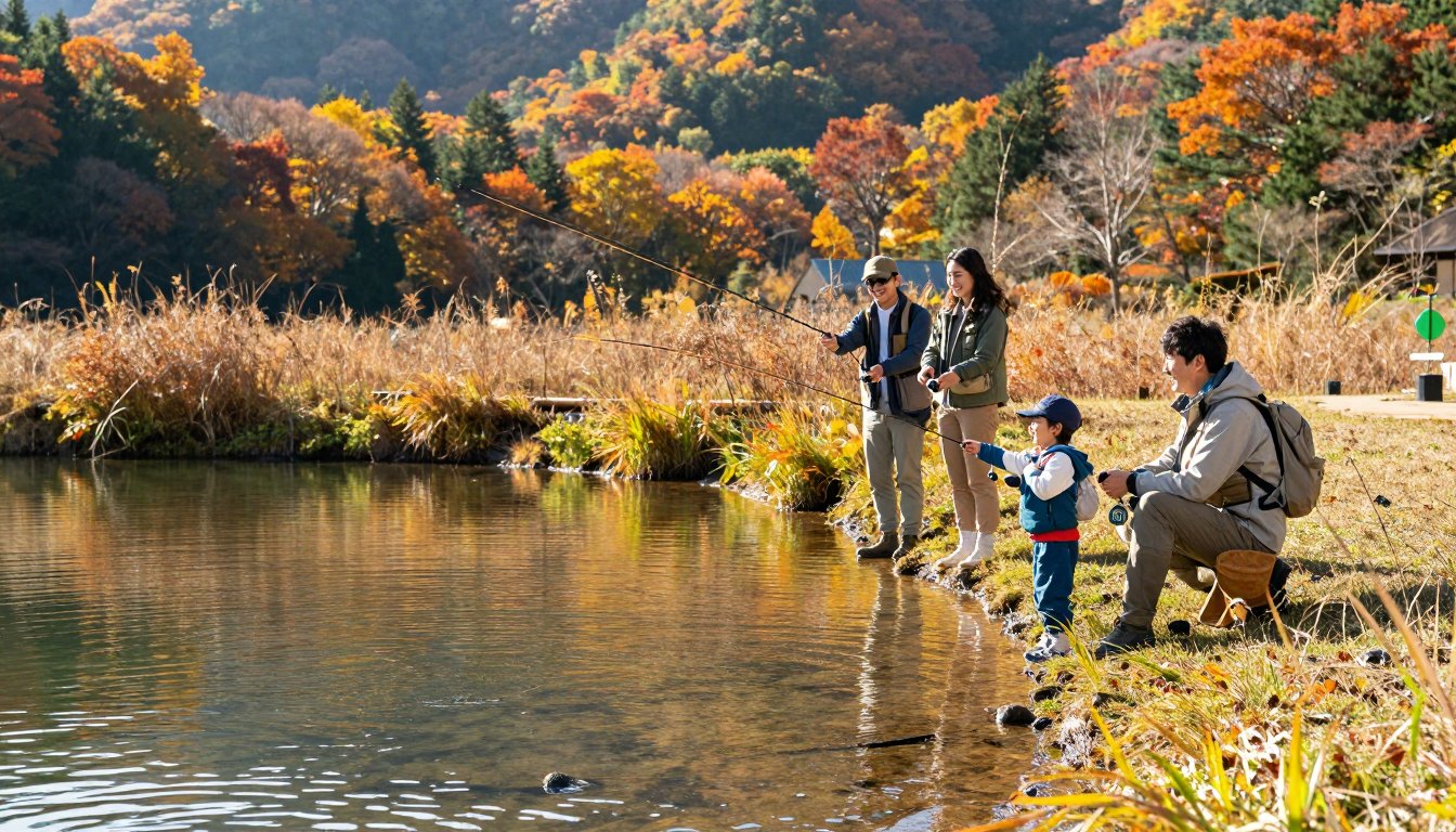 紅葉に囲まれた管理釣り場の池でルアー釣りを楽しむ家族
