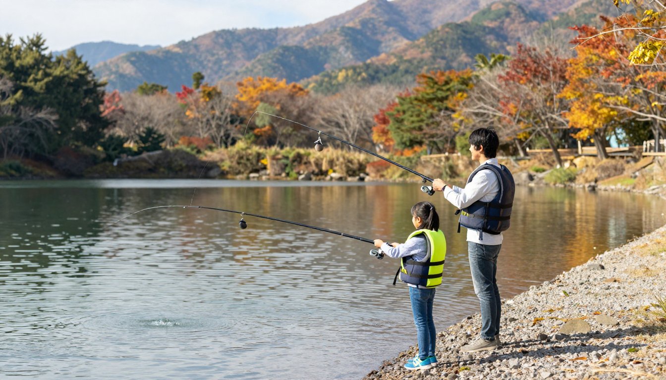 秋の管理釣り場の池でルアー釣りを楽しむ若い家族