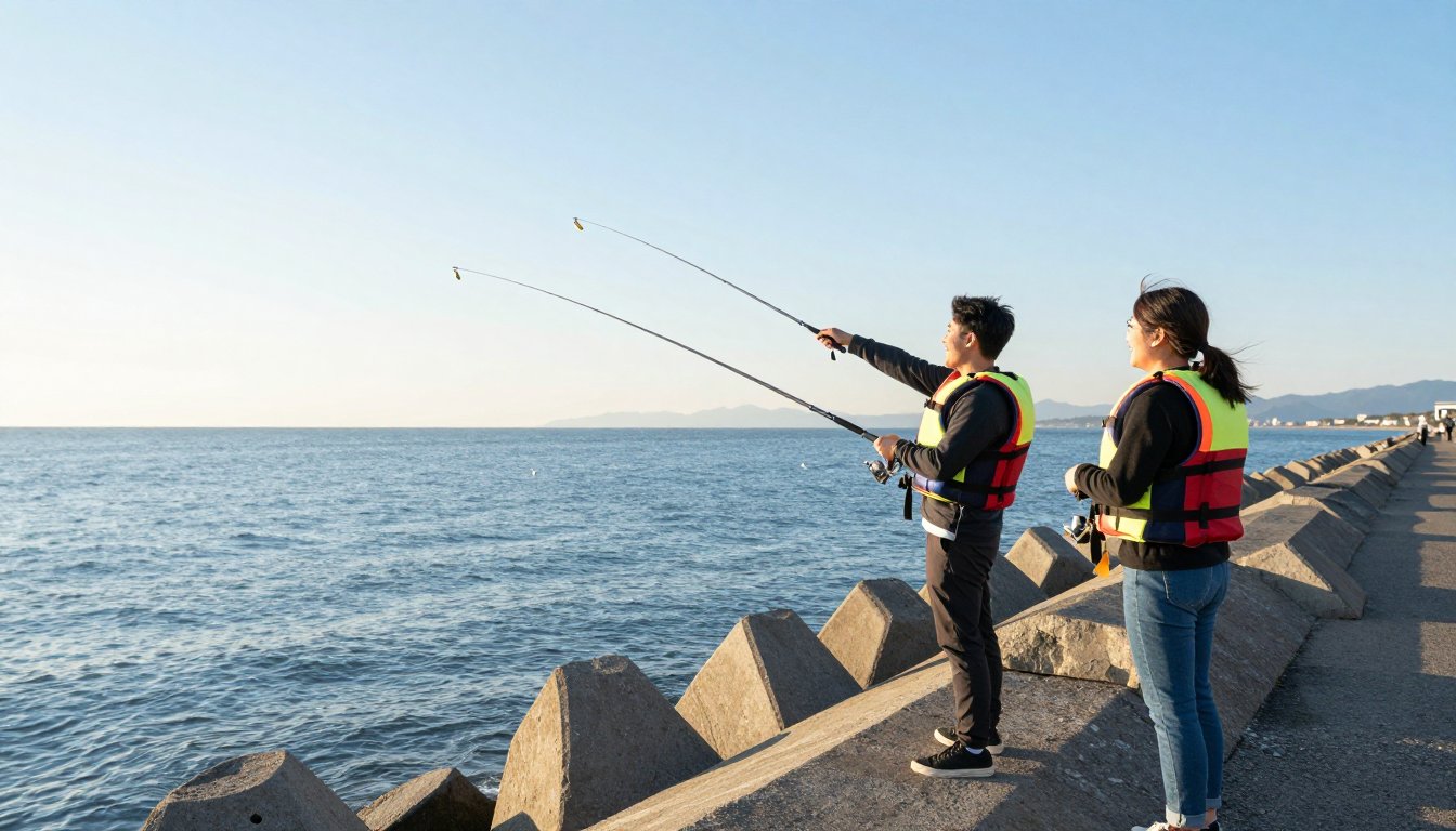 秋の朝の堤防で青物を狙ってルアーを投げる若い釣り人