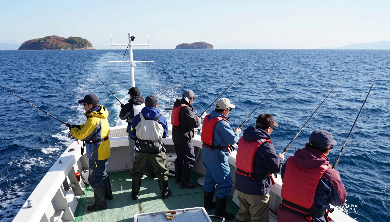 秋の海で釣り船からジギングを楽しむ釣り人たち