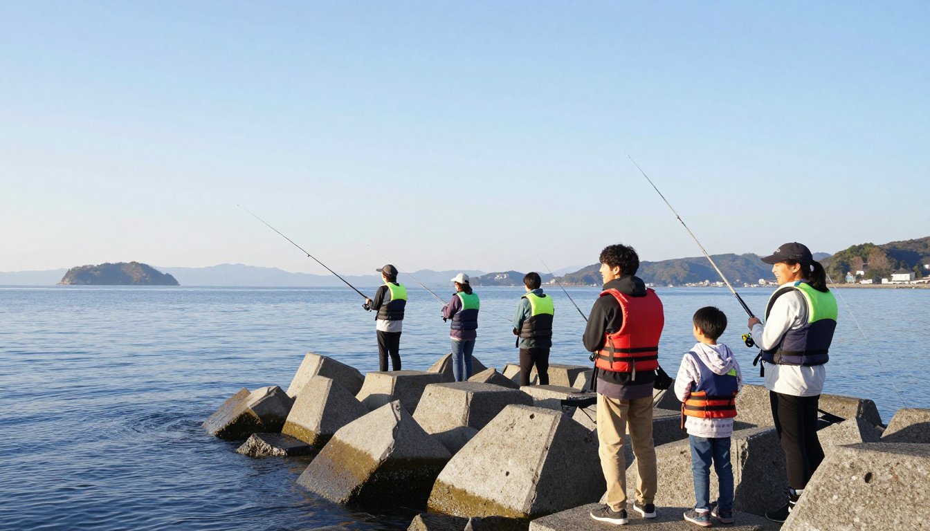 晩秋の堤防で連休の釣りを楽しむ家族と友だち