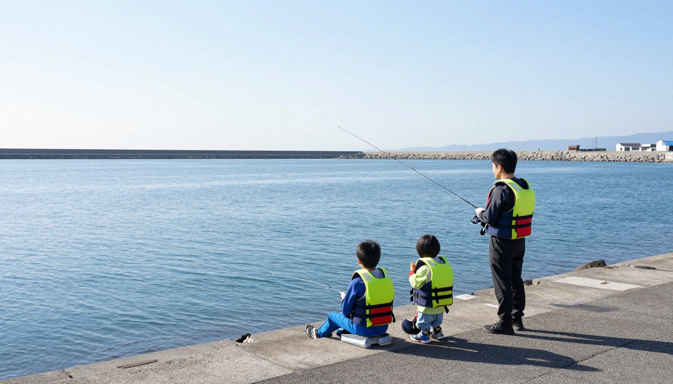 晩秋の晴れた堤防で釣りを楽しむ家族