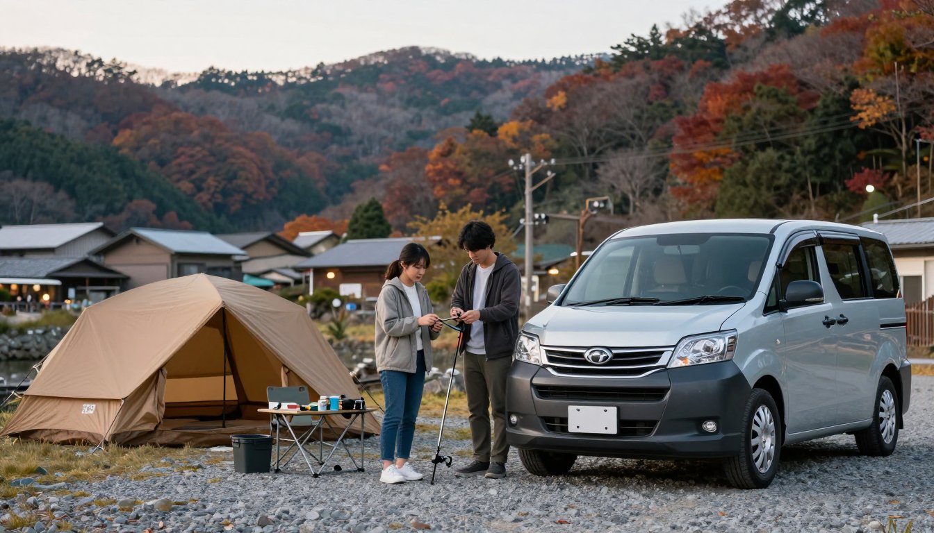 温泉地の近くで車中泊の準備をする若い夫婦