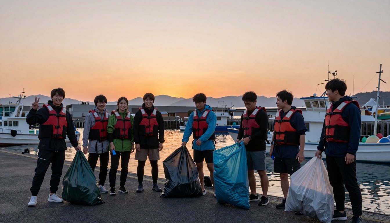 夕暮れの港で釣りの片づけをする友だちグループ