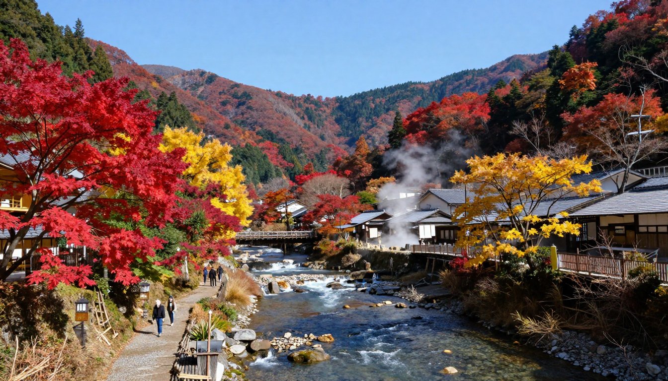 紅葉の渓谷と湯けむりの上がる温泉街