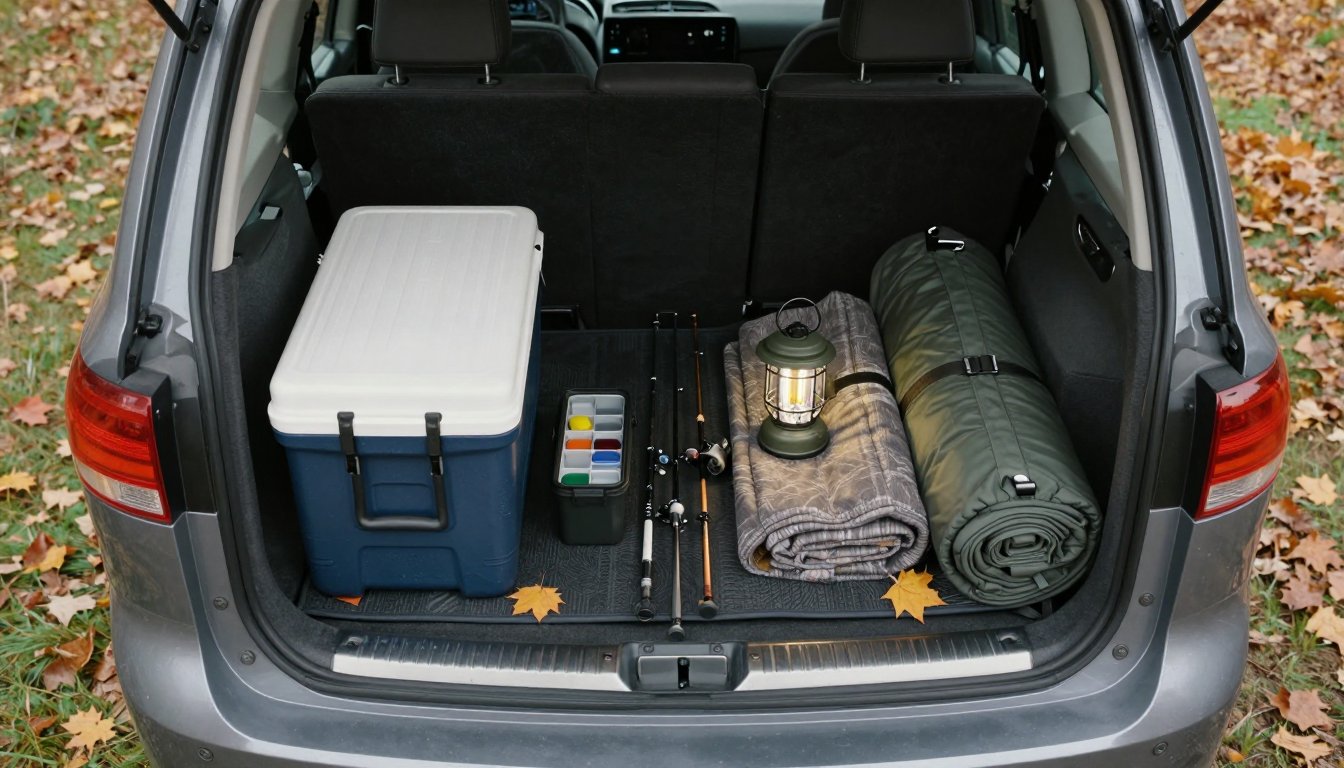車の荷室に並べた釣り道具と車中泊の寝具