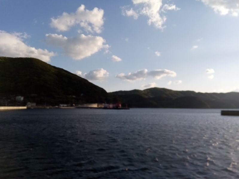 青空の下、山に囲まれた湾と港の景色
